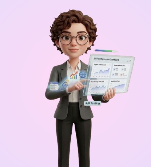 SEO optimization illustration showing website analytics, keyword research, and search engine ranking growth