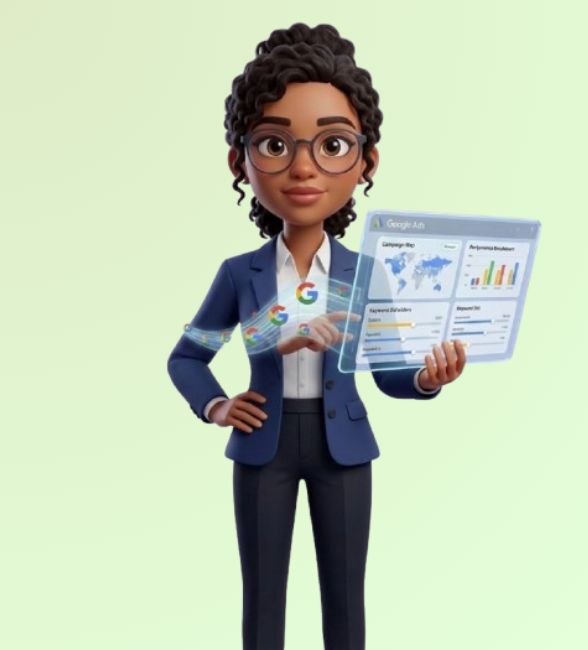 Google Ads PPC illustration showing campaign analytics, paid advertising dashboard, and lead generation